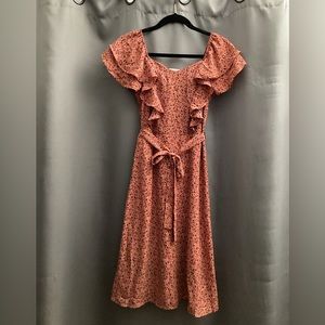 Monteau peach print design short sleeve fit and flare midi dress size small
